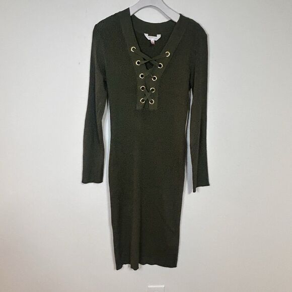 No Boundaries Dresses & Skirts - NOBO Lace Up Sweater Dress Olive Green Rib Knit Bodycon Large